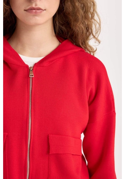 DeFacto Regular Fit Kapüşonlu Basic Düz Fermuarlı Triko Hırka E2270AXNSRD335 Kırmızı