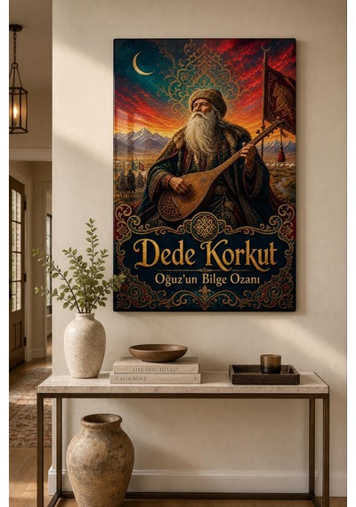 Dede Korkut Temalı Baskılı Cam Tablo Türk Kültürü Dekoratif Duvar Tablosu