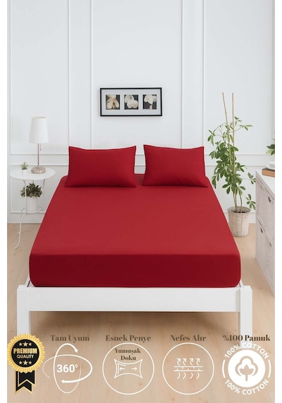 Mirava Premium %100 Pamuk Penye Lastikli Tek Kişilik Çarşaf Takımı 1 Yastık Kılıfı Dahil Bordo 100x200cm Bordo