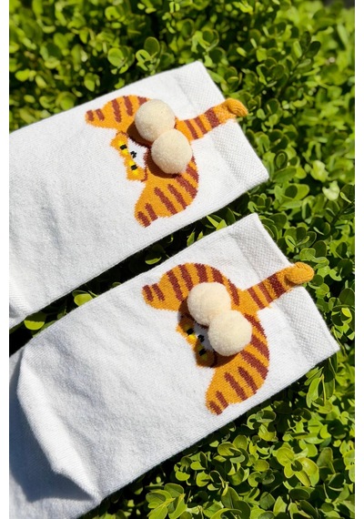 Lousocks Unisex Bej Krem Kedi Desenli Ponpon Soket Çorap