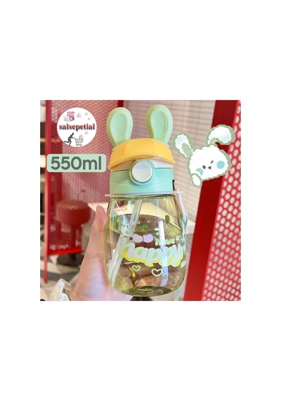 Tavşan Su Matarası Tavşanlı Suluk Tavşan Figürlü Su Şişesi Tavşan Matara Pipetli Matara 550ml Yeşil