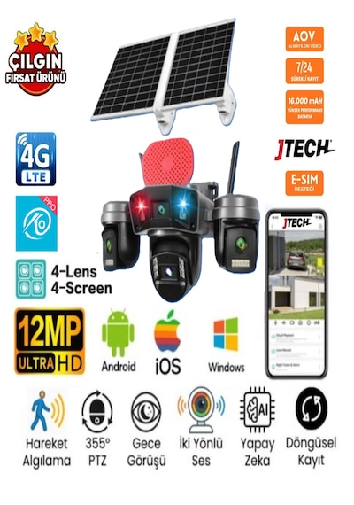 O-kam Ok-336 Premium 4g 12mp Sim Kartlı Solar Panelli Çakarlı 4 Lens 1 Ptz Akıllı Kamera