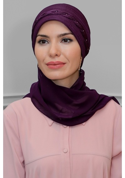 Hürrem Bone Mürdüm Pratik Hazır Geçmeli Tesettür Bone Fukuro Piliseli Örgülü (545491150) Mürdüm