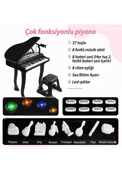 Mikrofonlu Tabureli Oyuncak Kuyruklu Piyano - 37 Tuşlu Eğitici Org Seti - Kayıt Özellikli Piyano