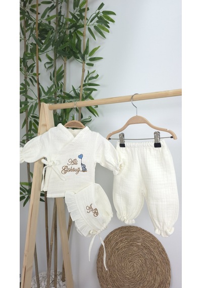 Gros Shop Müslin Yeni Doğan 4katlı Organik %100pamuk Kişiye Özgü Nakışlı Hastane Çıkış Seti-kahverengi-filli Ekru