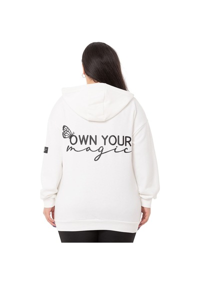 Büyük Beden Sırtında Yazı Detaylı Kapüşonlu Kanguru Cepli Üç İplik Beyaz Sweatshirt-beyaz Beyaz