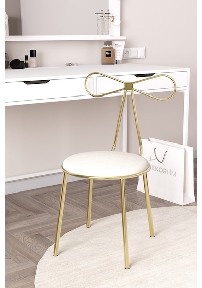 Df04102p Metal Ayaklı Makyaj Sandalyesi, Fiyonk Tasarımlı Puflu Gold Modern Dekoratif Sandalye Altın