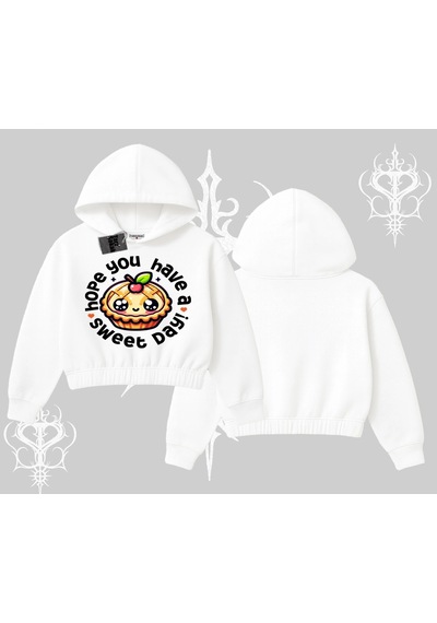 Startmore Sweet Day Cupcake Baskılı Kapşonlu Crop Sweatshirt Beyaz