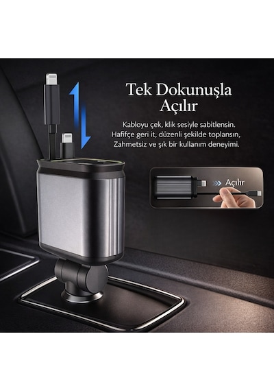 66w Hızlı Araç Şarj Cihazı 4 Ü 1 Arada Geri Çekilebilir Kablolu Type-c Lightning Usb Araç İçi Şarj Adaptörü 12v-24v