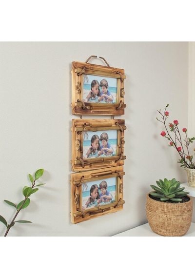 El Yapımı Doğal Ahşap 3 Lü Bambu Bamboo Fotoğraf Çerçevesi Dekoratif Ev Ofis Hediyesi Duvar Süsü - 7