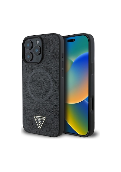 Apple Uyumlu iPhone 16 Pro Kılıf Guess Lisanslı Magsafe Şarj Özellikli Pu Üçgen Logo 4g Desenli Kapak Siyah