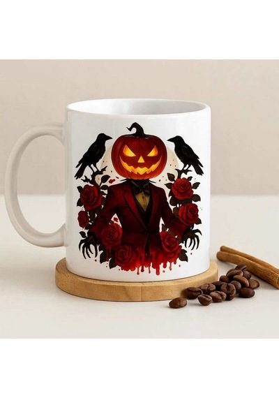 Halloween Ruhu Balkabağı Desenli Kupa Işıkla Beliren Korku Teması Beyaz