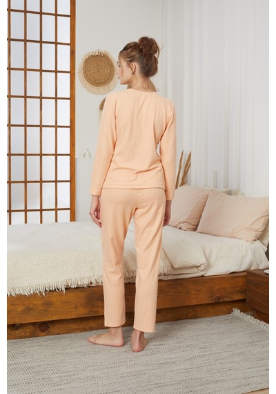 Siyah İnci Şardonlu Kışlık Örme Pijama Takım25226002 Yavruağzı