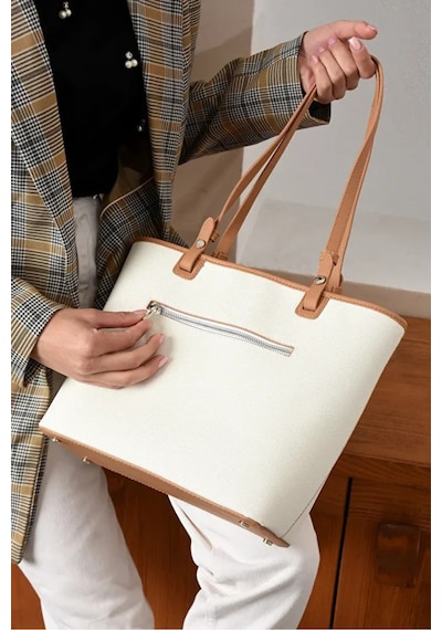 Just Polo Kadın Yeni Sezon Büyük Boy Lüks El Çantası Shopper Beyaz - Taba 29556446