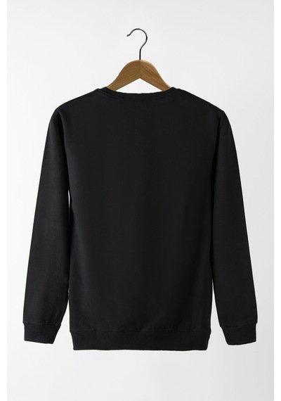 Terapi Men Erkek Siyah Bisiklet Yaka Basic Düz Sweatshirt Siyah