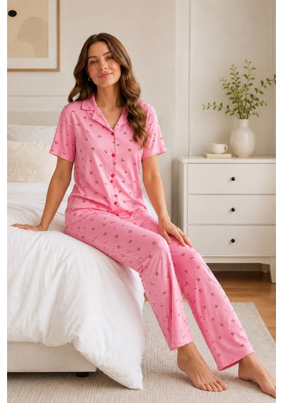 Findit Pembe Kiraz Desenli Kısa Kollu Gömlek Yaka Milan Kumaş Kadın Pijama Takımı