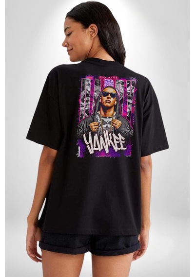 Daddy Yankee Müzik Star Pamuklu Kadın Erkek Oversize Sırt Dijital Baskılı Siyah T-shirt Siyah