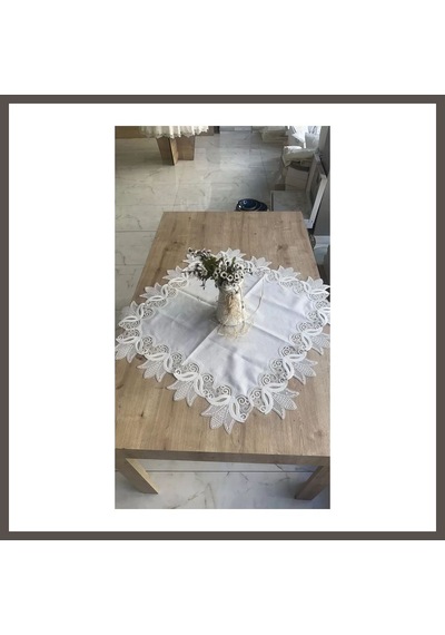 Bezos Kayla Kreme Gold 88x88 Cm Fransız Dantel Detaylı Kare Sehpa Örtüsü Dekoratif Nxrlvng Altın