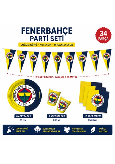 Fenerbahçe Parti Seti 34 Parça 8 Tabak 8 Bardak 16 Peçete + 10'lu Flama Bayrak 2.90 Metre Doğum Günü Süsleri