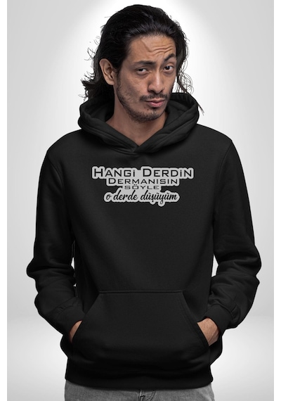 Hangi Derdin Dermanısın Söyle O Derde Düşüyüm Yazılı Kadın Erkek Siyah Kapüşonlu Sweatshirt Hoodie Siyah