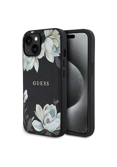 Apple Uyumlu iPhone 15 Kılıf Guess Lisanslı M-safe Özellikli Taneli Çiçek Tasarımlı Metal Yazı Logolu Kapak Siyah
