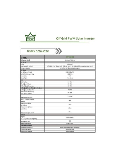 Ortec Solar 24V 3KW/3000VA PWM Tam Sinüs Akıllı İnverter