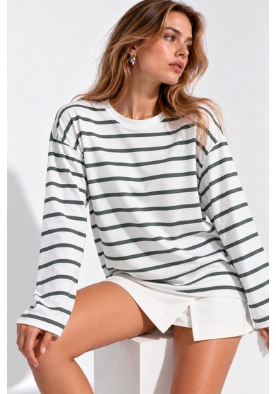 Wild Bee Kadın Mint Beyaz Çizgili Pamuklu Bisiklet Yaka Oversize Bluz Mint Yeşili