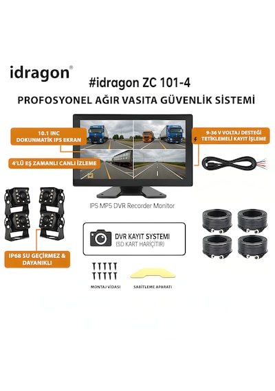 İdragon 10.1 İnç Ips 4 Kameralı Dvr Profesyonel İş Makinesi Ve Ağır Vasıta Kamera Sistemi