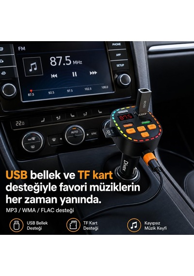 Bluetooth 5.3 Fm Transmitter, Dahili Type-c Kablolu Çift Usb 3.1a Araç Şarjı, Eller Serbest Görüşme, Mp3/wma/flac Ve Tf Kart Destekli 12-24v Led Ekranlı