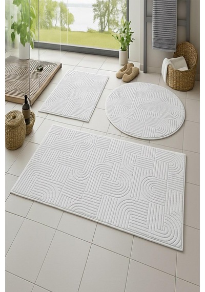 Raschel Carpet Bohem Emboss Premium Seri Kaymaz Taban Banyo Paspası Banyo Halısı Bej