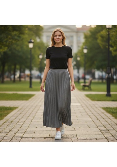 Eren Style Pileli Pamuklu Diyagona Beli Lastikli Etek 95 Cm - 38-50 Gri