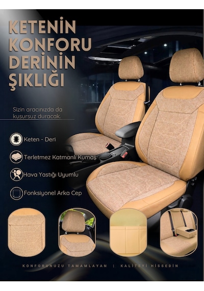 Linum Serisi Keten Kumaş Oto Koltuk Kılıfı Bej