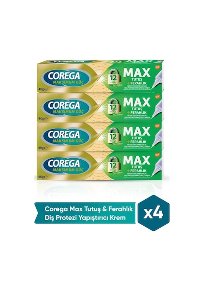 Corega Max Tutuş & Ferahlık Diş Protezi Yapıştırıcı Krem 40g x 4 Adet
