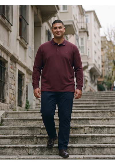 Maccali Erkek Bordo Büyük Beden Biyeli İnterlok Uzun Kollu Polo Yaka Tişört