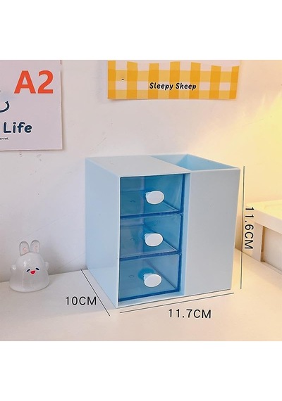 Masaüstü Kalemlik Organizer 7 Bölmeli Kawaii Kapaklı Mini Çekmeceli Kalemlik - Mavi