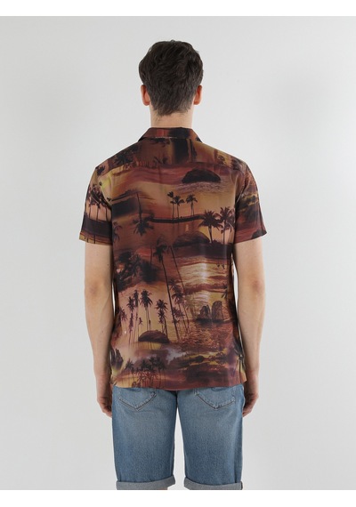Colin's Regular Fit Shirt Neck Palmiye Desenli Turuncu Erkek Kısa Kol Gömlek CL1057831_Q1.V1_COR Kahverengi