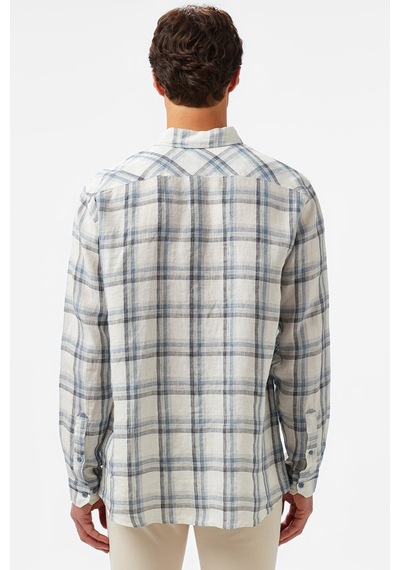 Lacoste Men's Regular Fit Dark Blue Linen Shirt Ekose Keten Erkek Gömlek Koyu Mavi