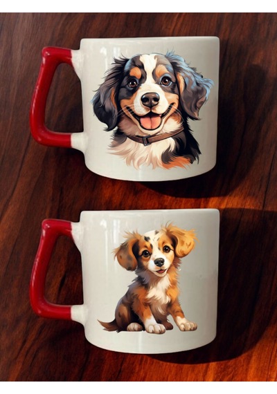 Tatlı Köpek Baskılı 2'li Kahve Bardağı Seramik Kupa - Seramik Çay, Kahve Hediyelik Bardağı Beyaz