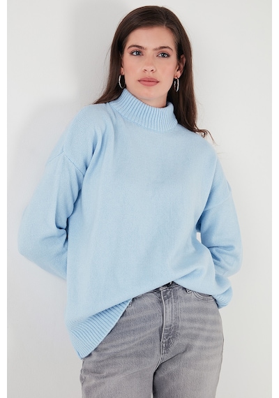 Lela Premium Oversize Fit Balıkçı Yaka Yumuşak Dokulu Triko Bayan Kazak 680Kz00469 Bebe Mavi