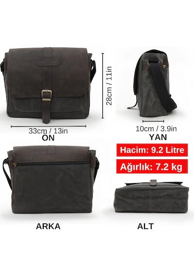 Dark Cotton 7503 Hakiki Deri Kapaklı Suya Dayanıklı Mumlu Kanvas 15 Laptop, Okul, Evrak Seyahat Çantası Siyah - Kahverengi