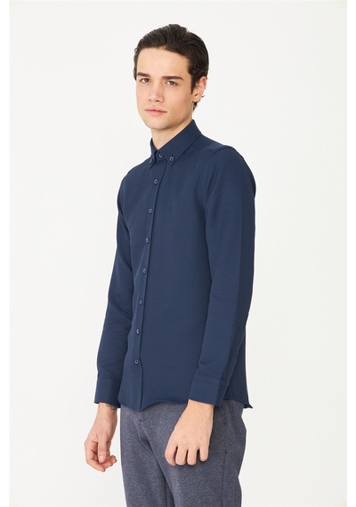 Lacivert Düğmeli Yaka Uzun Kollu Gömlek Slim Fit Laci