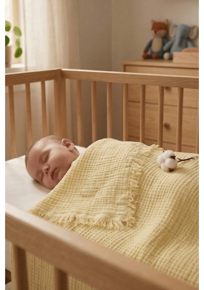 Müslin Püsküllü 4 Katlı Müslin Battaniye 90x120 Cm - Ze4katlı Sarı