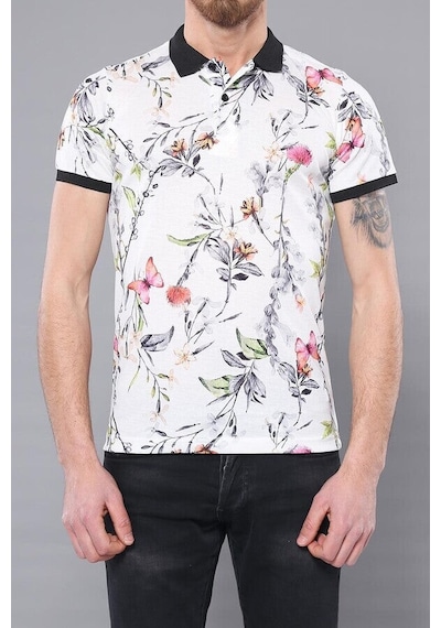 Yake Store Polo Yaka Çiçek Desenli T-shirt - Wessi - Sarı Beyaz