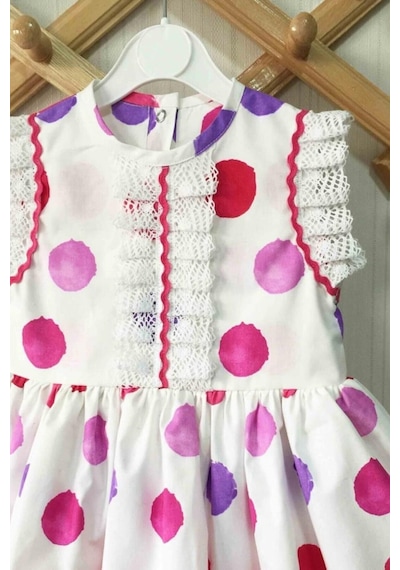 Dantel Ve Su Taşı Detaylı Puantiyeli Pembe Kız Çocuk Bebek Elbise 001