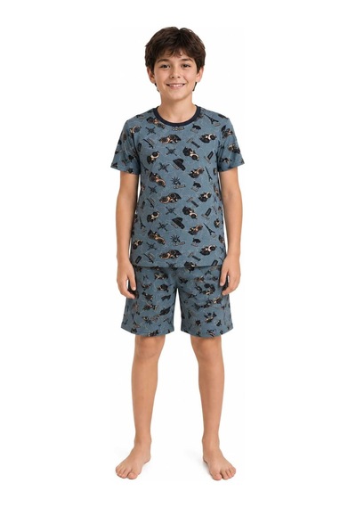 Tenra Erkek Çocuk Pamuklu Şortlu Pijama Takımı 3-12 Yaş Turkuaz