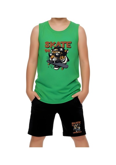 Fyk Kids Erkek Çocuk Baskılı Sıfır Kol Skate Crunch Alt-üst Takım Yeşil