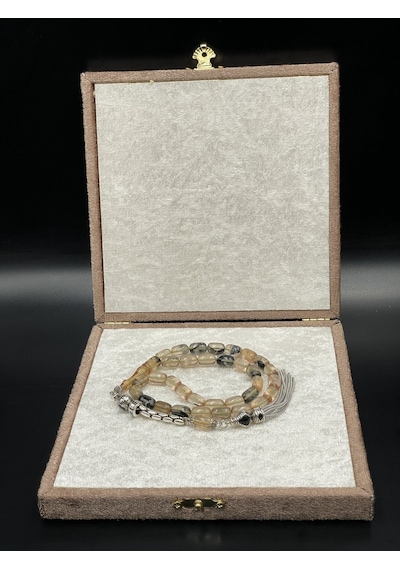 Onurlu Tesbihane Sıkma Kehribar Tesbih 7x11 Mm Bal Duman Geçişli Erkek Tesbihi Gümüş