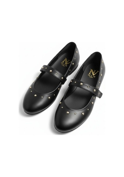 Ne&ve Shoes Siyah Deri Pim Detaylı Yuvarlak Burunlu Kadın Günlük Babet