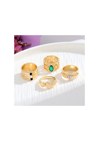 Crown 4 Adet Gold Renkli Yeşil Taşlı Retro & Vintage Tasarım Çoklu Altın Yüzük Seti