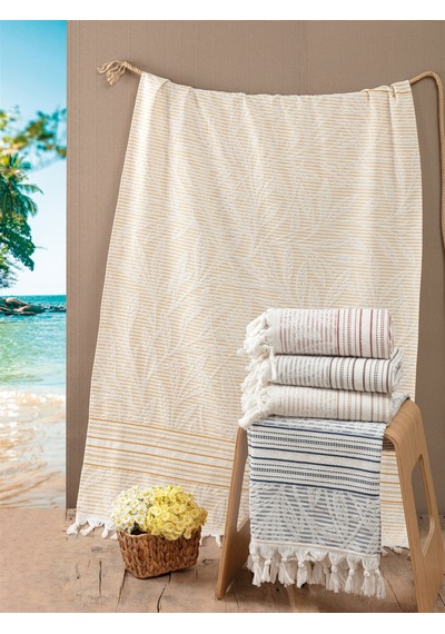 %100 Pamuk, Yaprak Jakarlı, Saçaklı Peştamal Plaj Ve Banyo Havlusu 90x170 Cm - Kiremit Kıremıt